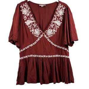 Knox Rose Women's Top XL Babydoll Embroidered Bohemian Flutter‎ Sleeves Ruffle